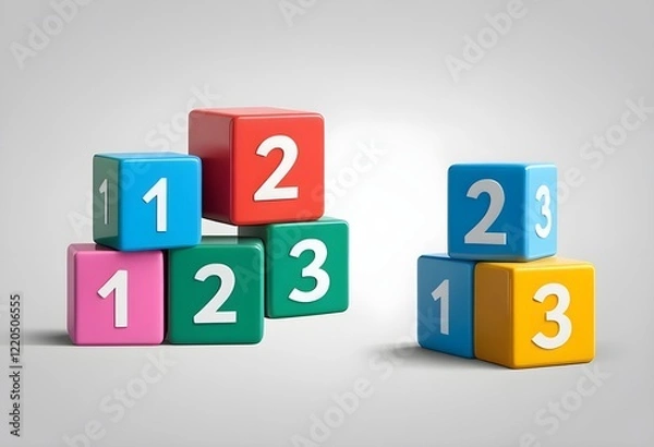 Fototapeta Preschool number 123 block 3d icon isolated on illustration png background of one two three education cube brick concept or school learn child play toy sign and kid math count box simple study symbol.