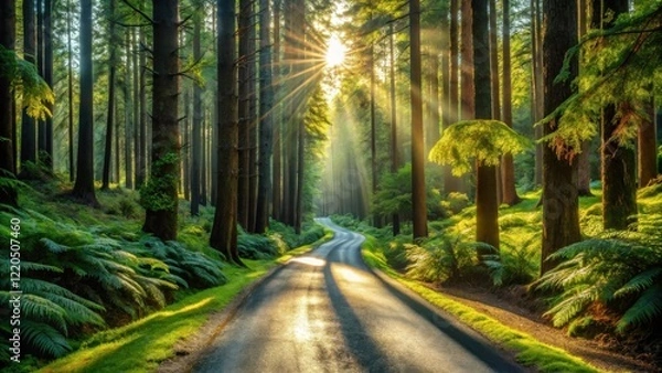 Obraz Sunlit Forest Road with Lush Greenery and Tall Trees