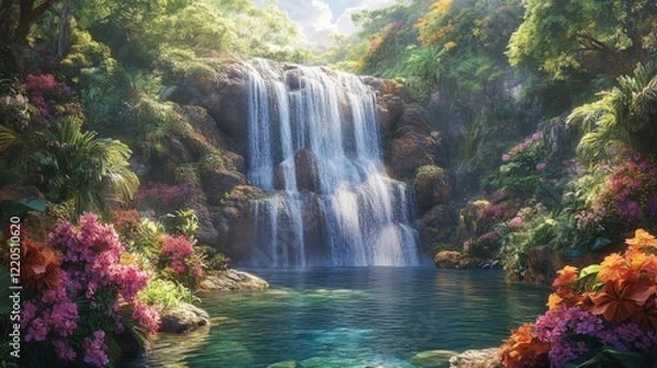 Obraz Lush Tropical Waterfall Cascading into Serene Pool