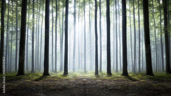 Fototapeta Dimly lit forest with tall trees and fog creating mystical atmosphere