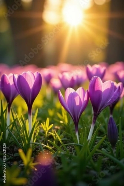 Fototapeta Field of crocuses stretching towards the sunlight, landscape, blooming flowers, flowers