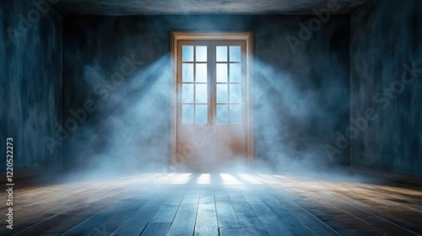 Fototapeta haunting scene of dimly lit room with mysterious door