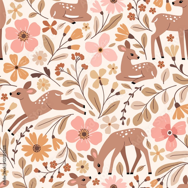 Fototapeta Seamless vector pattern with cute fawn on floral background. Hand drawn woodland illustration. Perfect for textile, wallpaper or print design. EPS10 vector file.