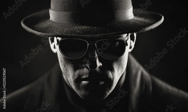 Obraz Dramatic Portrait of Mysterious Invisible Man Wearing Hat and Sunglasses in Noir Style Setting with Intense Expression, Generative AI