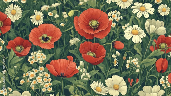 Obraz Red poppies seamless pattern in vintage style. Floral background illustration.