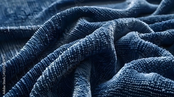 Fototapeta 
A hyper-realistic close-up of luxurious, deep blue velvet fabric, showing intricate folds, soft textures, and a subtle sheen that reflects light naturally. The material looks rich and detailed.
