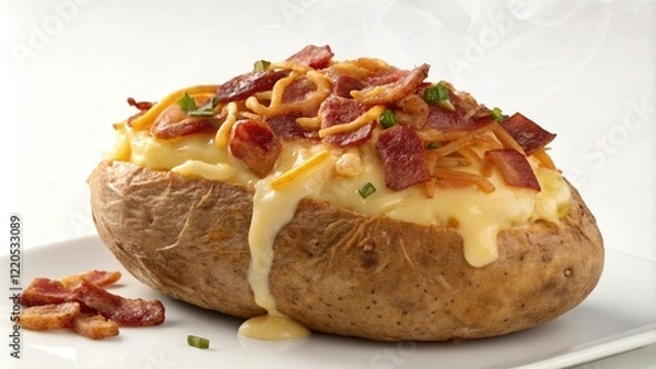 Fototapeta A perfectly cooked baked potato topped with a layer of crispy bacon and melted cheese, melty, cheese