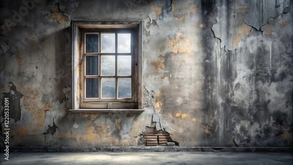 Obraz A weathered window in a dilapidated room with peeling plaster and exposed brick