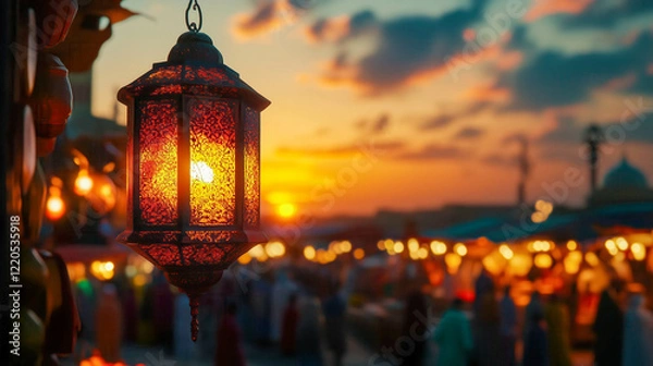 Fototapeta Ornate lantern illuminating a bustling marketplace at sunset