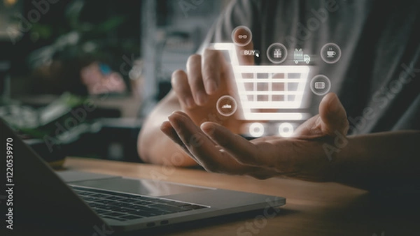 Obraz Person hands typing on laptop keyboard, working online for internet shopping with cart infographics