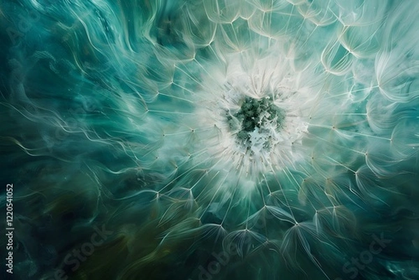 Fototapeta A hyper-realistic macro view of a delicate dandelion in full seed, with fine, feathery structures radiating from the center.