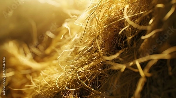 Fototapeta a pile of dry straw in golden hues, with individual strands of hay intricately detailed.