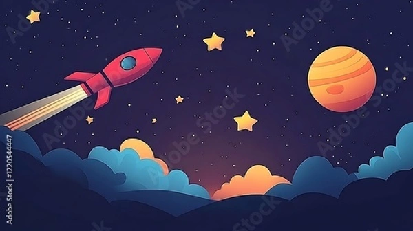 Obraz A cartoon style flat illustration of space with sun