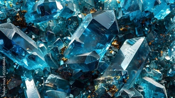 Fototapeta A hyper-realistic close-up of multifaceted, transparent blue crystals, with light refracting and reflecting off the surfaces