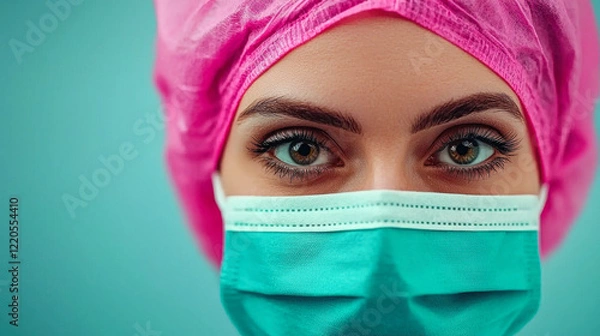 Obraz Medical worker wearing pink cap and green mask, focused expression