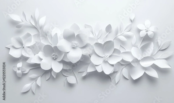 Fototapeta Elegant White Paper Cut Floral Origami Arrangement on Light Grey Background - Abstract Spring Blossom Art for Modern Decoration, Generative AI