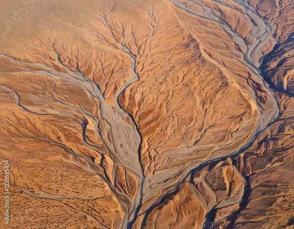 Obraz Aerial View of Desert River Networks and Erosion Patterns Under Warm Light