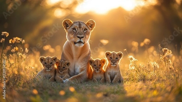 Fototapeta Lioness With Her Four Cubs Resting in Golden Grass During Sunset in the Savanna, Displaying Familial Bond and Nurturing Behavior in a Natural Habitat