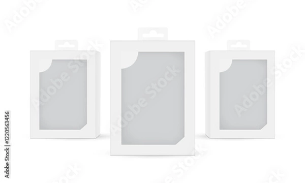 Fototapeta Hanging Packaging Boxes Mockups With Transparent Window, Front View, Isolated On White Background. Vector Illustration