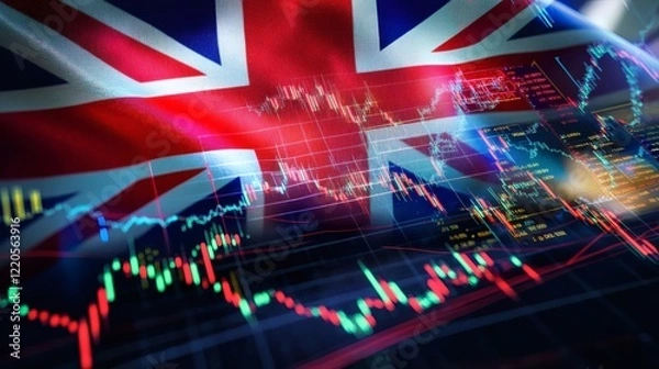 Obraz UK Financial Market Stock Market Data and British Flag Overlay