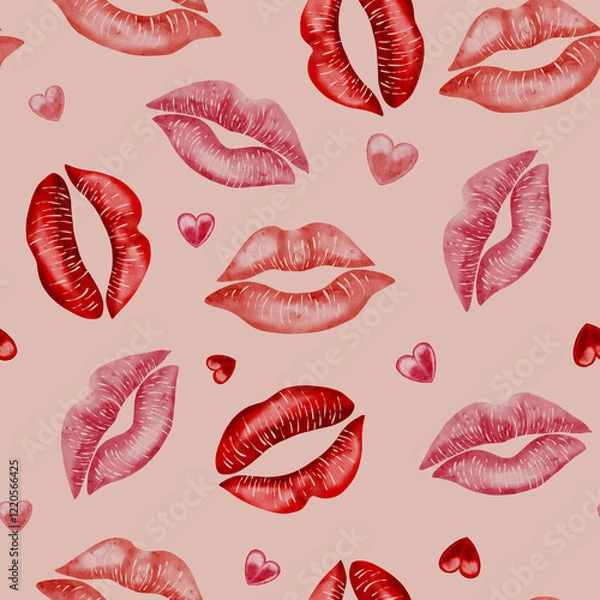 Fototapeta Seamless pattern with colorful lipstick kiss on white background. Repeating texture of multicolored lip prints for wrapping paper and fabric. Kiss. ​​Happy Valentine's Day.