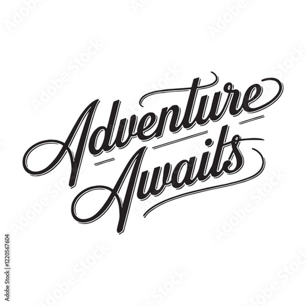 Fototapeta The "Adventure Awaits" typography design is a popular choice for T-shirts, especially for those who love travel and outdoor activities. It typically features bold, script or hand-drawn fonts, combined