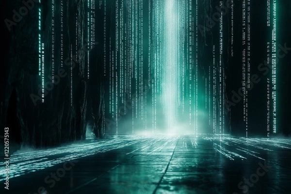 Obraz A surreal digital matrix of glowing code flowing like a waterfall 