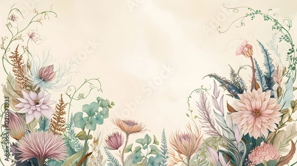 Obraz Flowers and plants. Hand drawn floral collection with flowers and leaves.