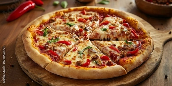 Fototapeta Delicious pizza on a wooden board. Fresh ingredients like red peppers and herbs. Perfect for sharing with friends or family. Great for parties or casual dinners. AI