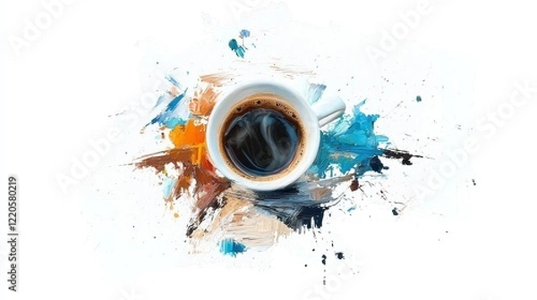 Fototapeta Artistic coffee cup with steaming black coffee, elegant watercolor design, isolated on white, perfect for digital use or creative projects, vibrant and inviting illustration
