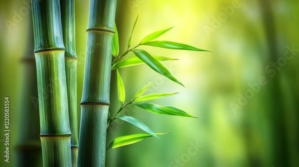 Fototapeta Close up of beautiful bamboo stems and leaves in nature, highlighting eco-friendly concepts