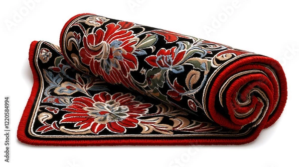 Fototapeta A partially rolled-up rug with a black background and a vibrant floral pattern on white background. The rug has a distinct red border