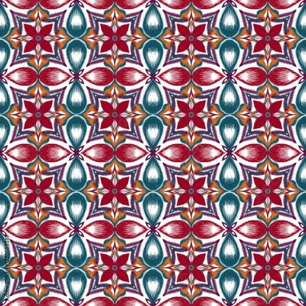 Fototapeta Ikat geometric flower red and green style pattern, ikat floral repeat wallpaper, ikat fabric pattern