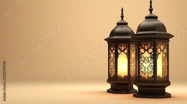 Fototapeta Two Ornate Illuminated Lanterns Stand on Beige Background