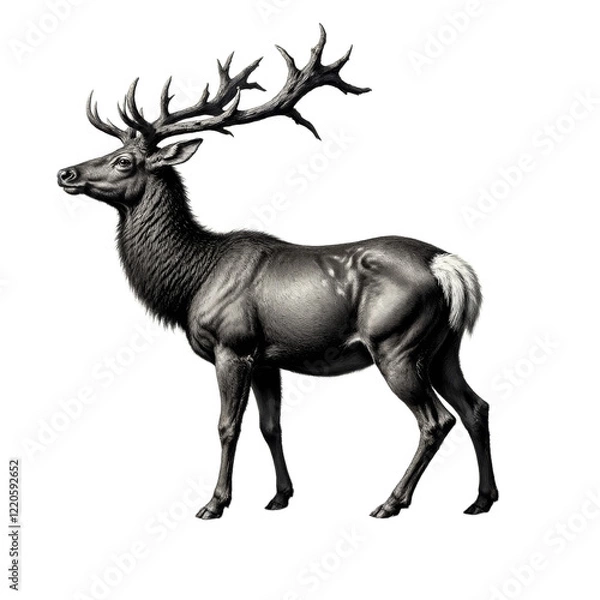 Fototapeta Drawing of a deer with large antlers, rocks and plants, transparent background
