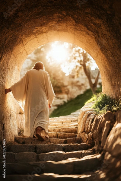 Fototapeta Jesus Christ standing at the entrance to the tomb. AI generative.