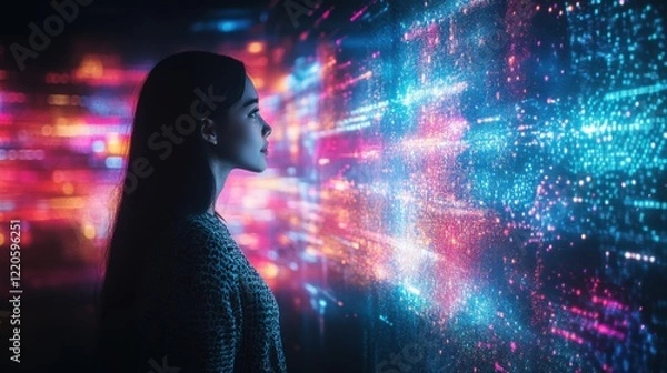 Obraz Woman observing a wall illuminated with colorful lights representing 5g connectivity technology