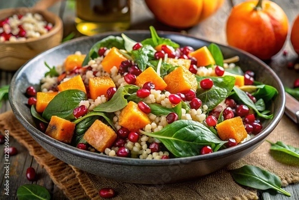 Fototapeta Winter Quinoa Salad with Sweet Potatoes, Pomegranate, and Spinach - Delicious Healthy Recipe