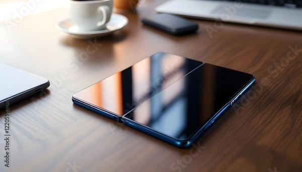 Fototapeta A high-angle shot of a foldable phone placed on a desk, the phone partially folded, with a visible crease on the screen. The phone is in focus with sharp details of the camera lenses and screen, while