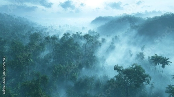 Obraz A misty forest landscape with tall trees, seen from above. In the background, there is fog and low clouds. The scene has a blue tint. 