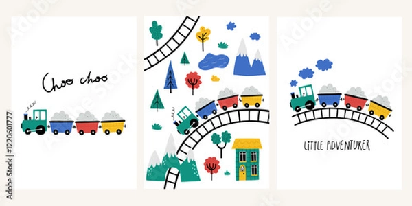 Obraz Set of cute cartoon baby boy posters with toy railway track model, kids train locomotive in cartoon style. Adorable childish steam train, hand drawn lettering.  For t-shirts, greeting card, wall art