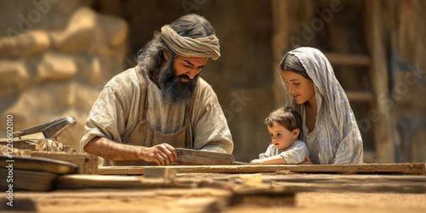 Fototapeta Working St Joseph the carpenter and baby Jesus with Mary. AI generative.