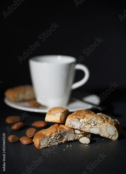 Fototapeta Cantuccini liegen vor einer Espressotasse, schwarzer Hintergrund, dark and moody