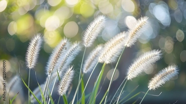 Obraz A hyper-realistic close-up of delicate grass blades illuminated by soft sunlight, with a dreamy bokeh effect in the background. The grass is detailed, showing individual seeds and fine textures.