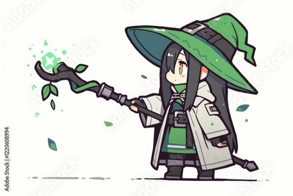 Fototapeta A Cute Green Hatted Witch Casts A Spell With A Staff