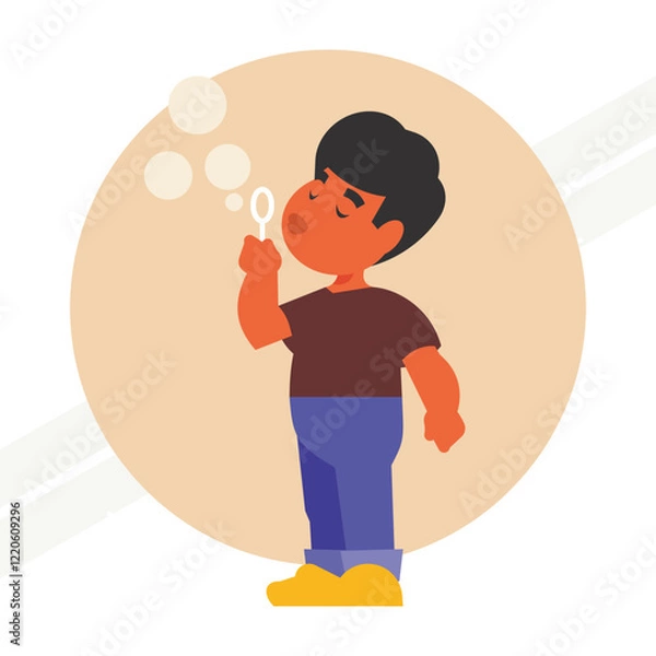 Fototapeta A boy blowing bubbles representing playfulness and joy