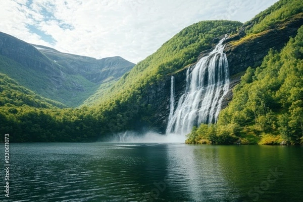 Obraz Majestic fjord waterfall cascading into serene lake, mountains background, nature travel