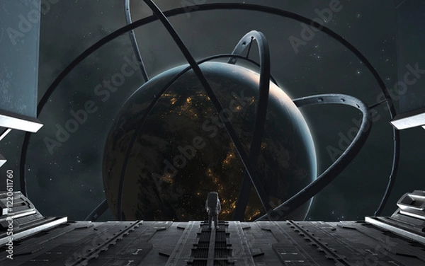 Obraz 3D illustration of An astronaut looks into the distance from a platform of a space station. High quality digital space sci-fi art in 5K - realistic visualization. Render