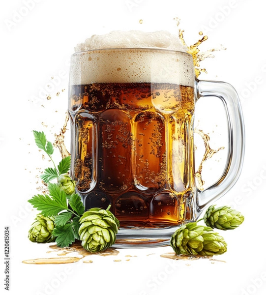 Obraz A glass of dark beer sits proudly, topped with a generous foamy head. Surrounding it are fresh green hops and grains, showcasing the ingredients of a crafted brew. Transparent background, PNG