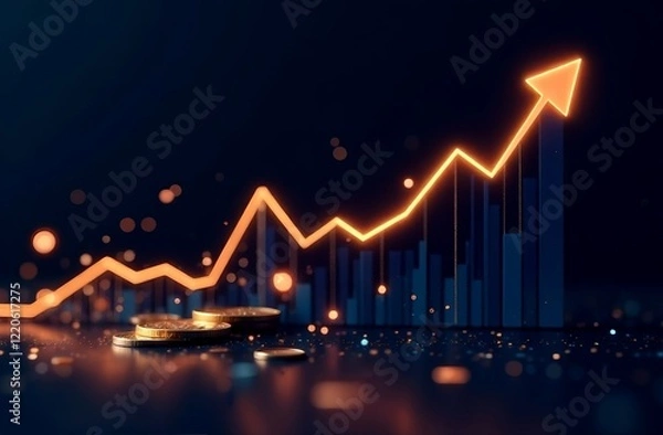 Fototapeta Stock market graph, cryptocurrency coins chart trending price up trend, digital finance. Cryptocurrency exchange chart, the exchange arrow is going up. dark background, futuristic style, flying coins